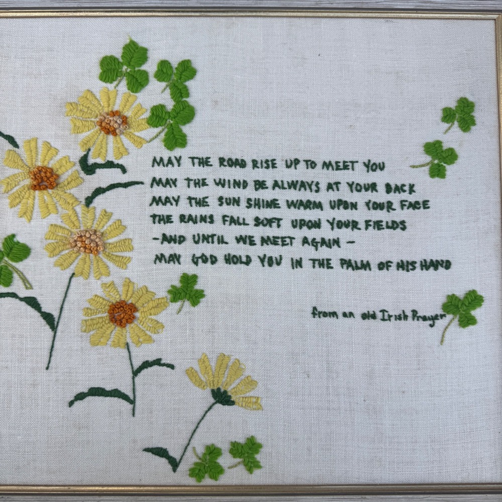 Vintage Irish Blessing Embroidery Framed handmade yellow Floral Green Shamrocks